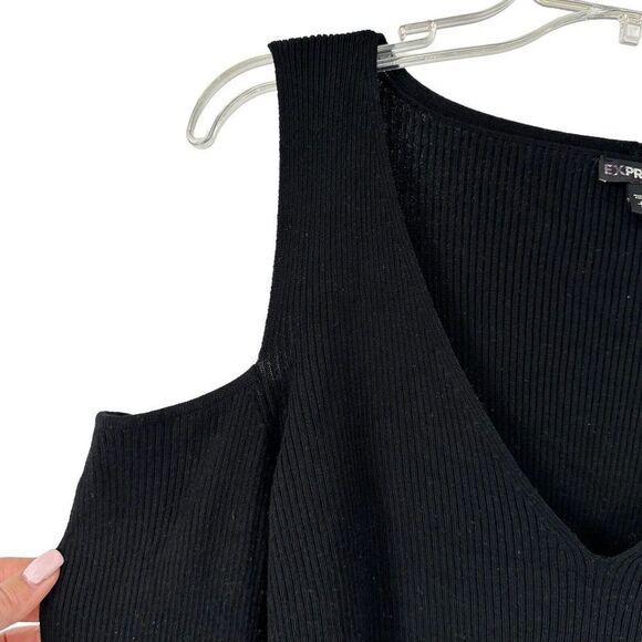 Express Sweater Cold Shoulder Black Ruffle Sleeves Ribbed V Neck Womens Size L - Picture 2 of 8